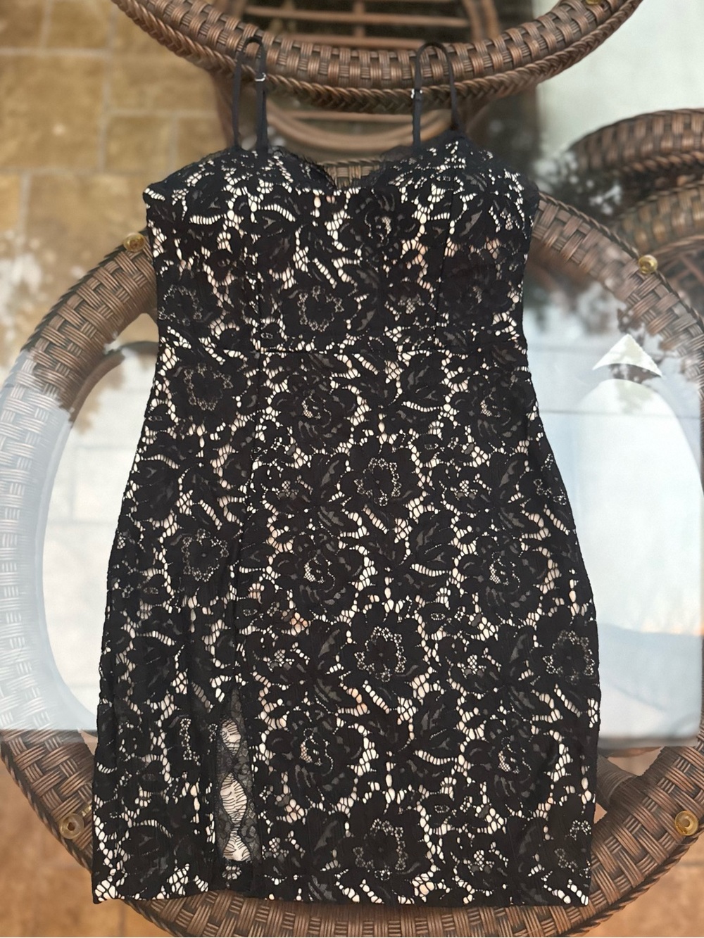 Revamped Black Lace Strapless Dress with Nude Lining